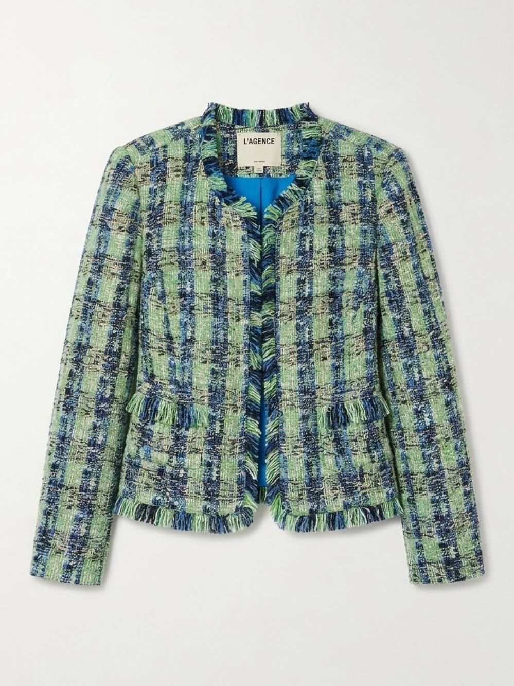 L'Agence Angelina Tweed Jacket Womens 8 Green Blue Plaid Excellent Fringe Trim - Picture 4 of 11